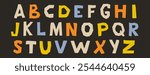 Paper cut out alphabet collection. Colorful capital letter collage set. Craft doodle kid font elements bundle for decoration, poster, banner, print. Ransom style uppercase abc pack. Vector 