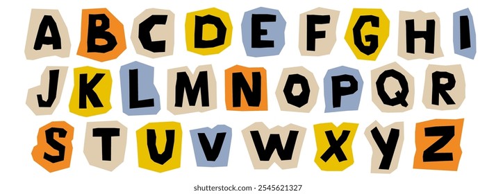 Paper cut out alphabet collection. Colorful capital letter collage piece set. Craft doodle kid font elements bundle for decoration, poster, banner, print. Ransom style uppercase abc pack. Vector 