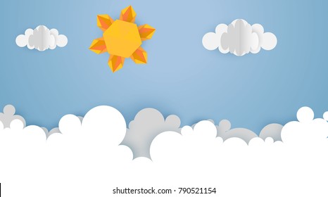 Paper Cut Out Art Scene Vector Illsutartion. Landscape Background.