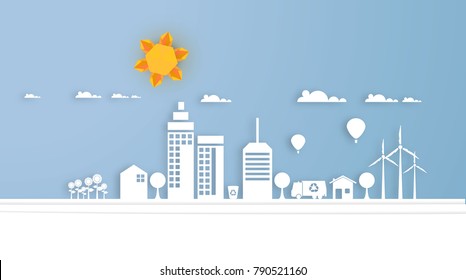 Paper Cut Out Art Scene Vector Illsutartion. Landscape Background.