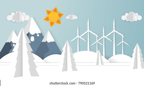 Paper Cut Out Art Scene Vector Illsutartion. Landscape Background.