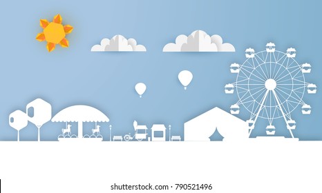 Paper Cut Out Art Scene Vector Illsutartion. Landscape Background.