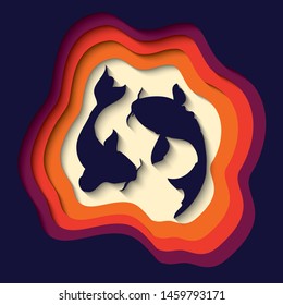 Paper cut out background with 3d effect, two koi fish carving art, vector illustration