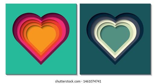 Paper cut out background with 3d effect, heart shape in vibrant colors, vector illustration