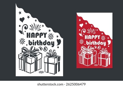 Paper cut out birthday card with gifts, fireworks and text