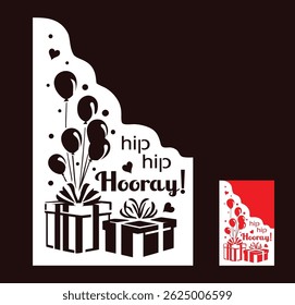 Paper cut out birthday card with gifts, balloons and text