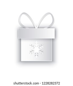 Paper cut out box with snowflake, decorated by bow, icon with shadow. Greeting cards with wrapped gift, present package on New Year holly eve, vector