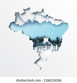 Paper cut out of brazil map and famous landmark,vector paper art and digital craft style.