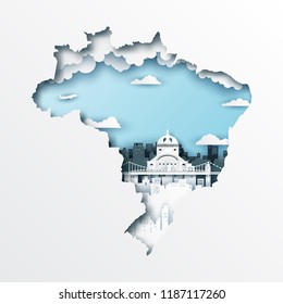 Paper cut out of brazil map and famous landmark,vector paper art and digital craft style.