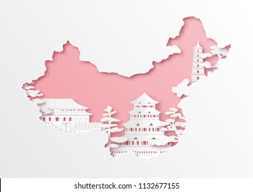 Paper cut out of china map and famous landmark,vector paper art and digital craft style.