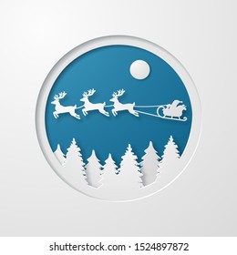 Paper cut out Christmas holiday background with Santa's sleigh and reindeers flying over forest and moon and circular frame. Vector eps10.