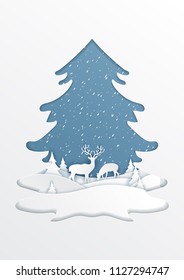 paper cut out christmas tree on background with deer,paper art style illustration.