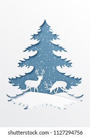 paper cut out christmas tree on background with deer,paper art style illustration.