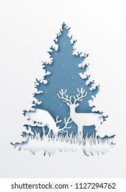 paper cut out christmas tree on background with snowflakes,paper art style illustration.