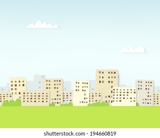 Papier schneidet Stadtlandschaft unter Wolken. nahtloses Vektorbild