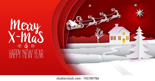 Paper cut out and craft. Typography greeting Merry Christmas card. Landscape with home and Santa Claus flying with raindeers. Holiday Web banner. Red Xmas Night banner. Vector illustration.