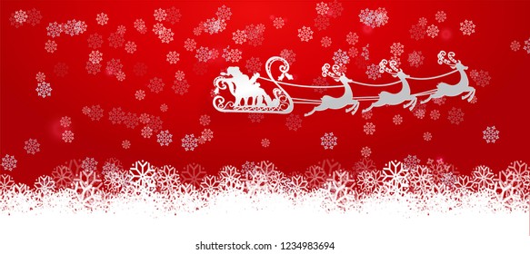 Paper cut out and craft winter snowflakes clouds and Santa Claus flying with deers. Holiday Web banner. Red Night background. Vector illustration.