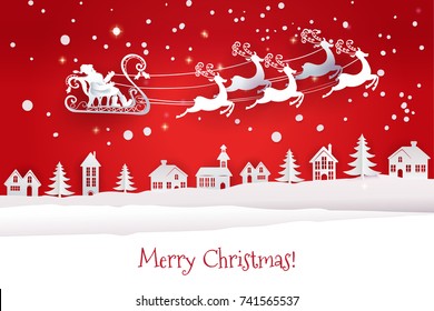 Paper cut out and craft winter landscape with evergreen trees, houses, moon and Santa Claus flying with deers. Holiday Web banner. Red Night background. Vector illustration.