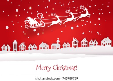 Paper cut out and craft winter landscape with houses and Santa Claus flying with deers. Holiday Web banner. Red Night background. Vector illustration.