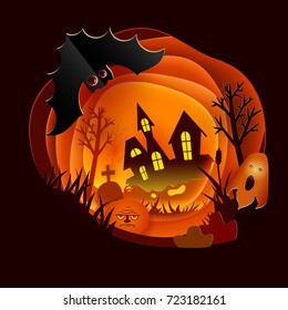 Paper cut out design of Halloween night with orange light and big looking bat. Vector art and illustration. Greeting retro styled card with cartoon silhouette characters. Holiday banner. Castle