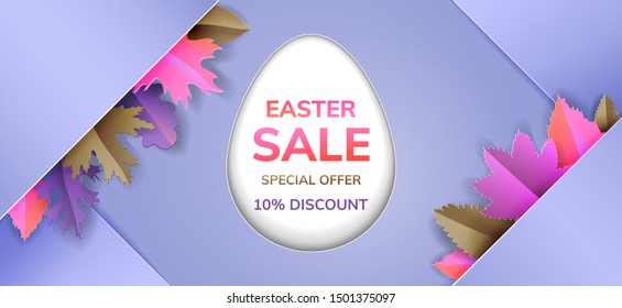 Paper cut out easter sale poster with pastel  3d leaves and cut out egg. Paper art vector illustration of easter sale banner.