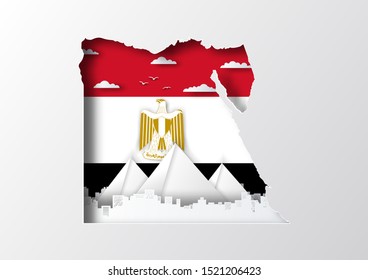 Paper cut out of Egypt map on flag and famous landmark,vector paper art and digital craft style.