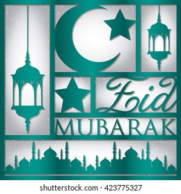 Paper cut out "Eid Mubarak" (Blessed Eid) card in vector format.