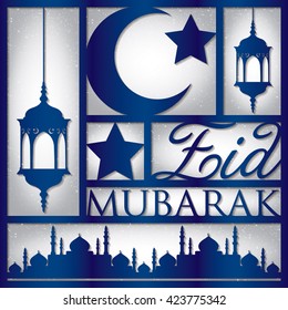 Paper cut out "Eid Mubarak" (Blessed Eid) card in vector format.