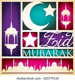 Paper cut out "Eid Mubarak" (Blessed Eid) card in vector format.