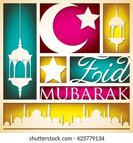 Paper cut out "Eid Mubarak" (Blessed Eid) card in vector format.