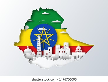 Paper cut out of Ethiopia map on flag and famous landmark,vector paper art and digital craft style.
