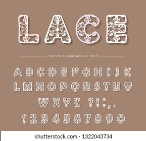 Paper cut out filigree decorative font. Laser cutting. Lacy ornate ABC letters and numbers. For wedding design. Vector
