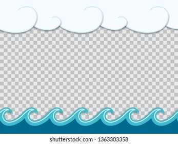 Paper cut out frame of waves and clouds in origami nautical style with place for design and transparent shadows. Vector illustration.