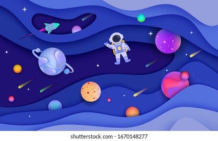 Paper cut out galaxy banner with cartoon planets and astronaut on colorful space background - modern astronomy poster with fluid abstract shapes - vector illustration.