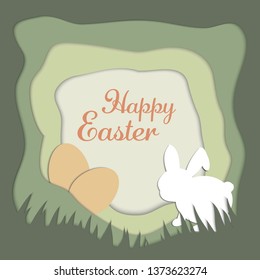 paper cut out Happy Easter festival with white rabbit and 2 eggs in green grass  background