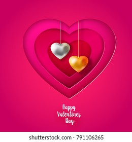 Paper cut out heart art with silver and golden small decorative hearts bijouterie. Layered Valentine's day and love symbol. Rose background with a decorative frame.