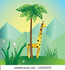 Paper cut out illustration: giraffe standing near the palm, with mountain landscape on the background.