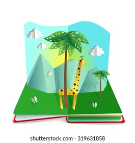 Paper cut out illustration: giraffe standing near the palm, with mountain landscape on the background. Pop up book.