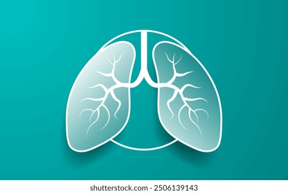 Paper cut out illustration of pair of lungs on a gray background encircled in a white ring. Simple respiratory system background template. Lung Organ shape. No text. Vector Illustration.