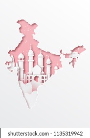 Paper Cut Out Of India Map And Famous Landmark,vector Paper Art And Digital Craft Style.