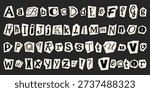 Paper Cut out letters Latin alphabet. Font for collage, anonymous note, or ransom note, scrapbooking. Various letters on dark background.