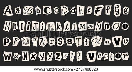 Paper Cut out letters Latin alphabet. Font for collage, anonymous note, or ransom note, scrapbooking. Various letters on dark background.
