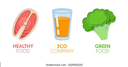Paper Cut Out Logo Template Set with Eco Green Food. Origami Healthy Eating Symbols for Branding, Brochure, Identity. Vector illustration