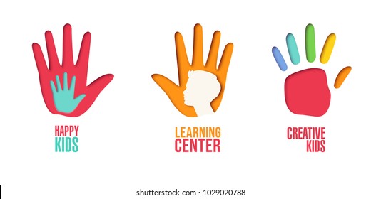 Paper Cut Out Logo Template Set with Children Hands. Origami Kids Symbols for Branding, Brochure, Identity. Vector illustration