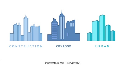 Paper Cut Out Logo Template Set with City Buildings. Origami Real Estate Symbols for Branding, Brochure, Identity. Vector illustration