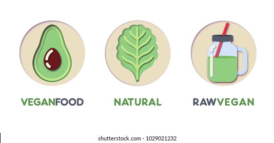 Paper Cut Out Logo Template Set with Eco Green Food. Origami Healthy Eating Symbols for Branding, Brochure, Identity. Vector illustration