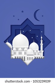 paper cut out muslim / islam motif with mosque greetings template design vector/illustration