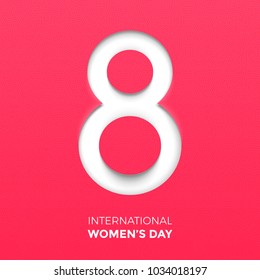 Paper cut out number Eight for 8 March International Women's Day card. Happy Womens Day vector paper cut out number Eight on pink red background. Trendy 3D mothers day greeting card template