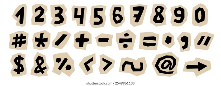 Paper cut out numbers and signs collection. Punctuation marks and characters collage set. Kid cut symbols, brackets, elements bundle for decoration, poster, banner, print. Ransom style pack. Vector