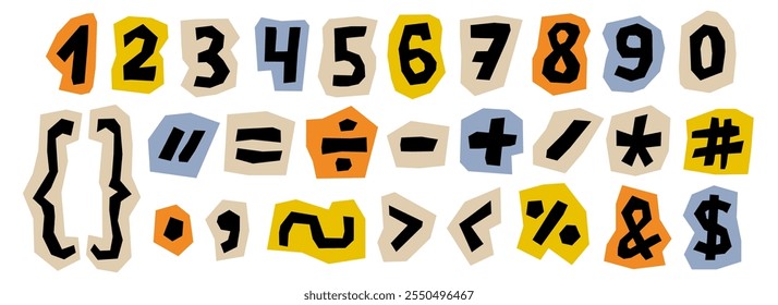 Paper cut out numbers and signs collection. Punctuation marks and characters collage set. Cut symbols, brackets, elements bundle for decoration, poster, banner, print. Vector colored ransom style pack